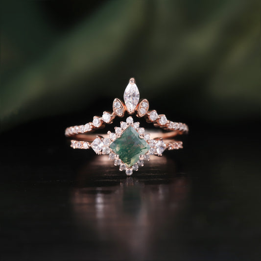 Elegant Halo Princess Cut Moss Agate Ring Set 2pcs