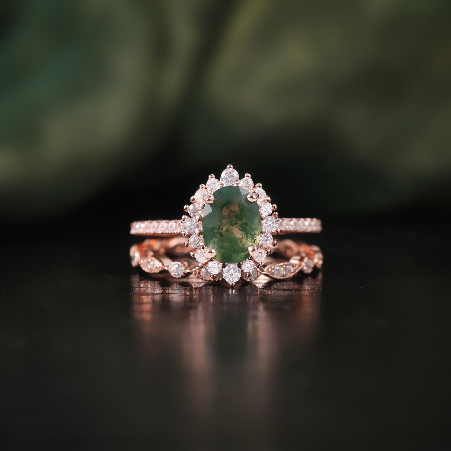 Halo Oval Moss Agate Vintage Engagement Ring Set 2pcs