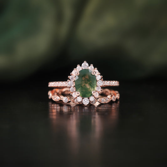Halo Oval Moss Agate Vintage Engagement Ring Set 2pcs
