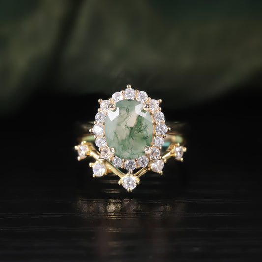 Halo Oval Cut Moss Agate Vintage Engagement Ring Set 2pcs