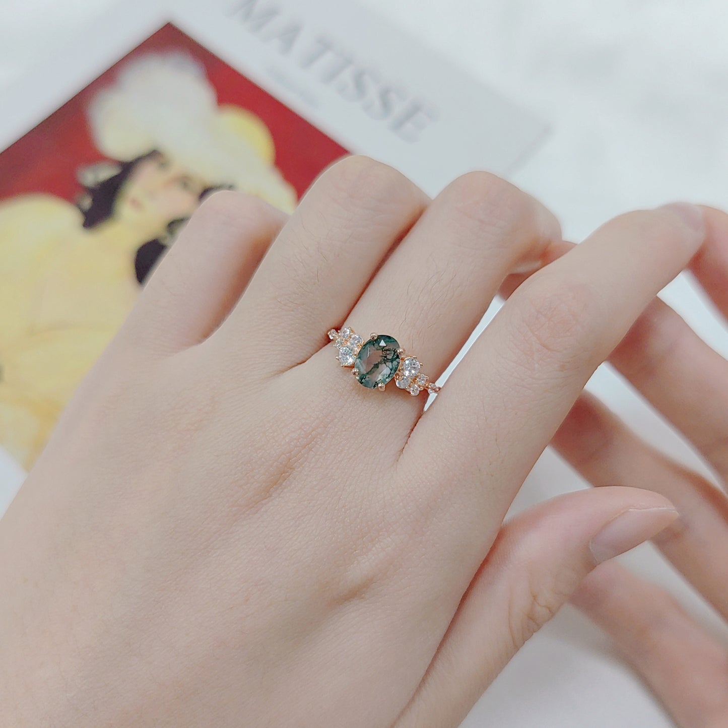 Oval Leafy Style Moss Agate Engagement Ring