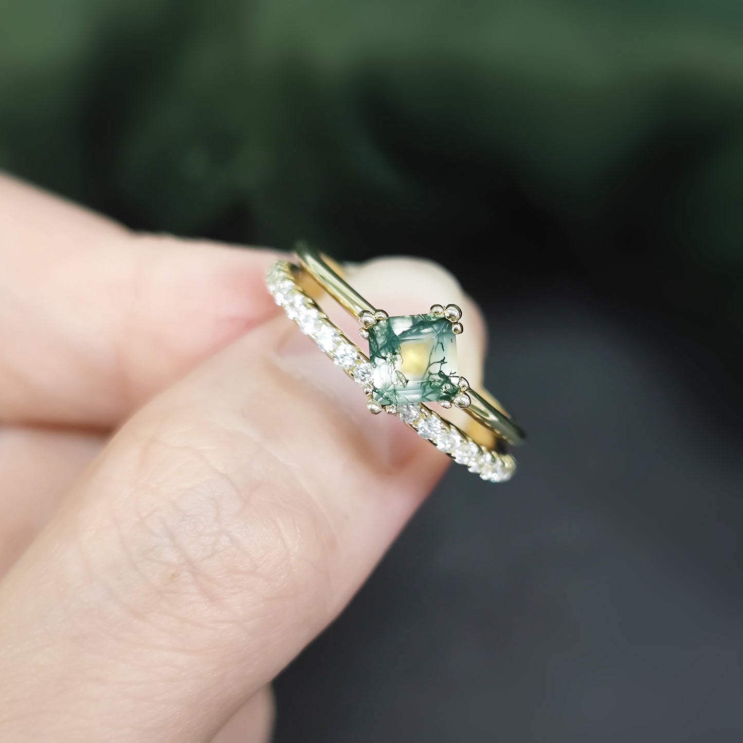 Princess Cut Moss Agate Unique Engagement Ring