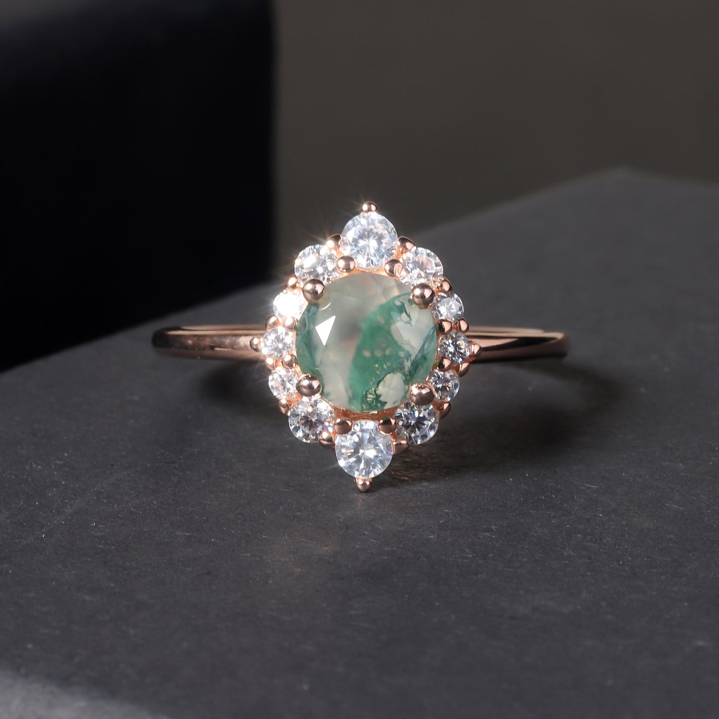 Halo Round Vintage Moss Agate Engagement Ring