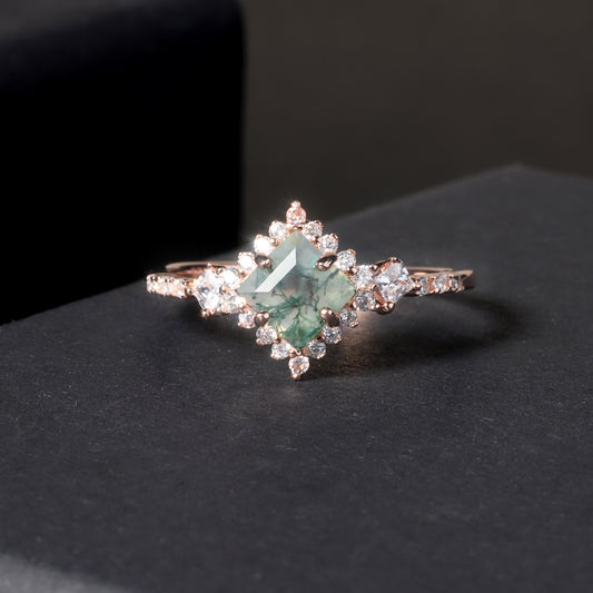 Princess Cut Vintage Moss Agate Halo Engagement Ring