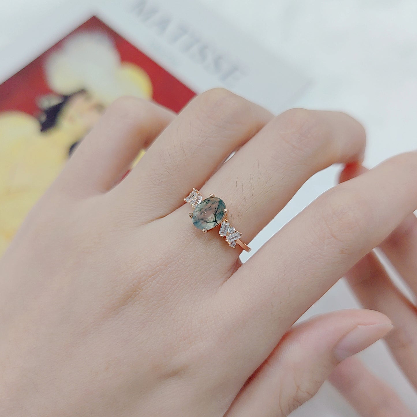 Oval Style Unique Design Moss Agate Engagement Ring