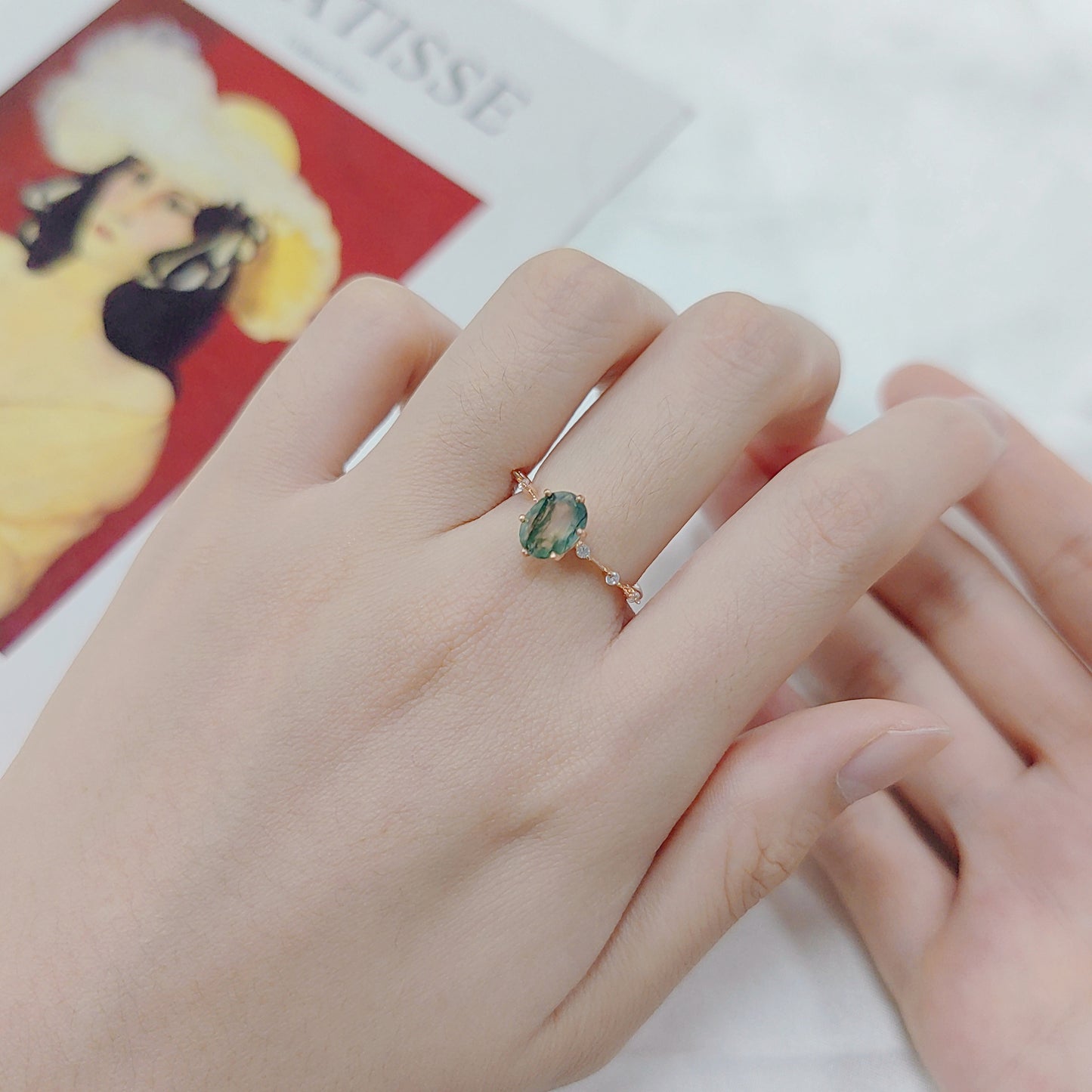 Oval Moss Agate Classic Engagement Ring