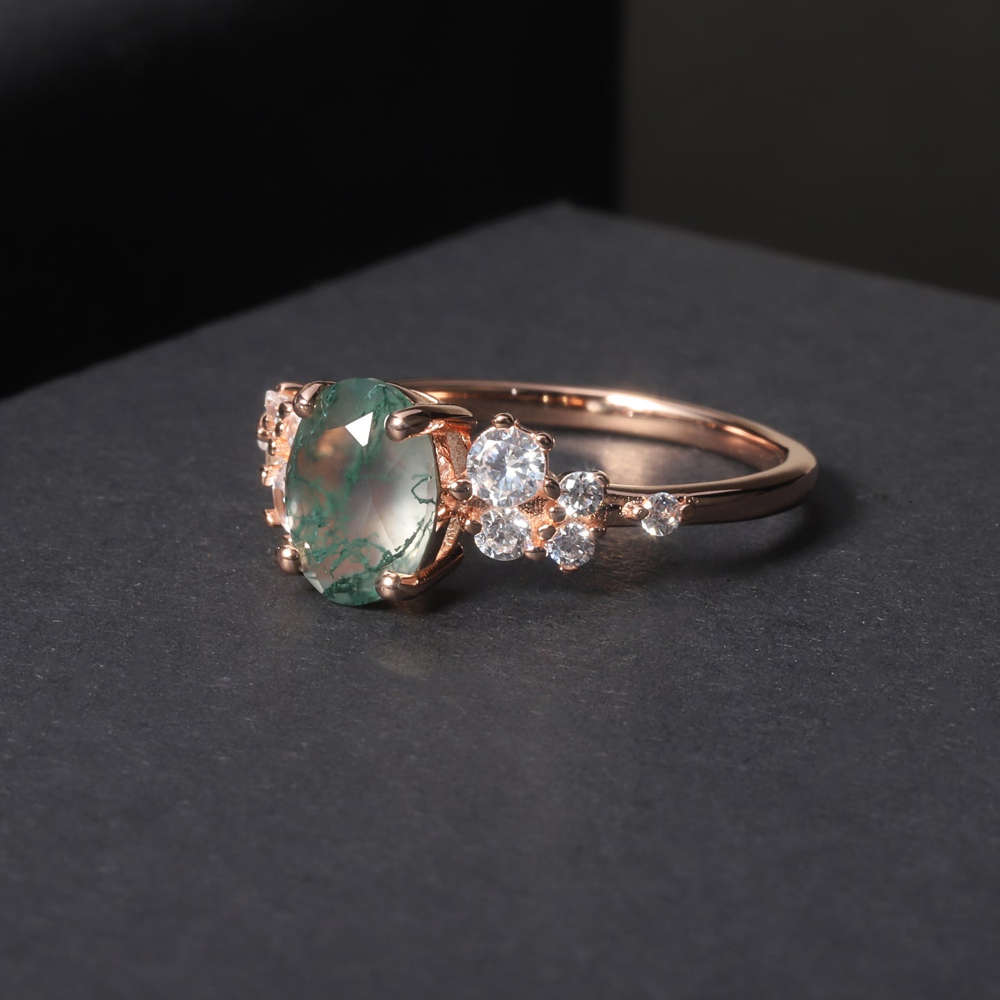 Oval Leafy Style Moss Agate Engagement Ring