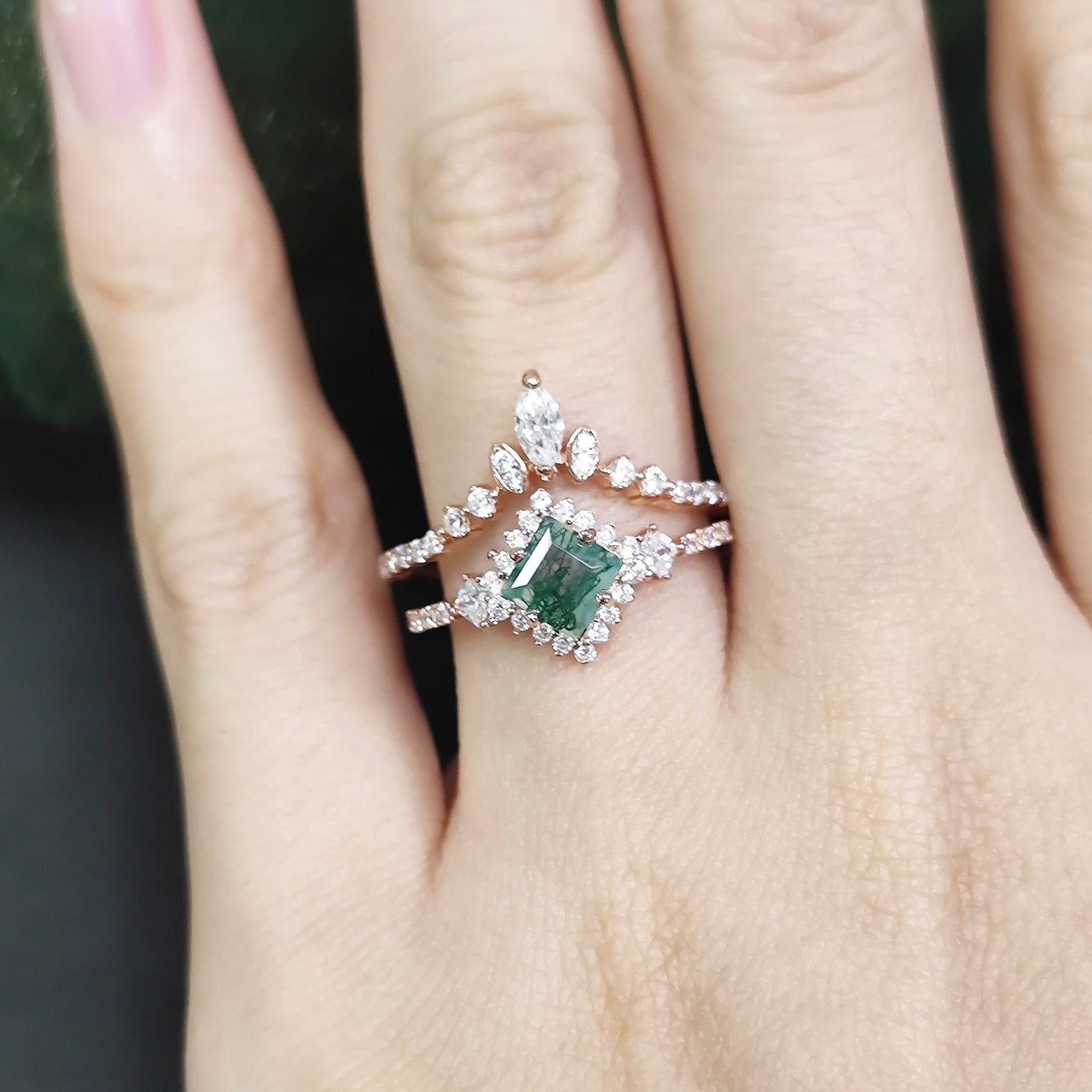 Princess Cut Vintage Moss Agate Halo Engagement Ring
