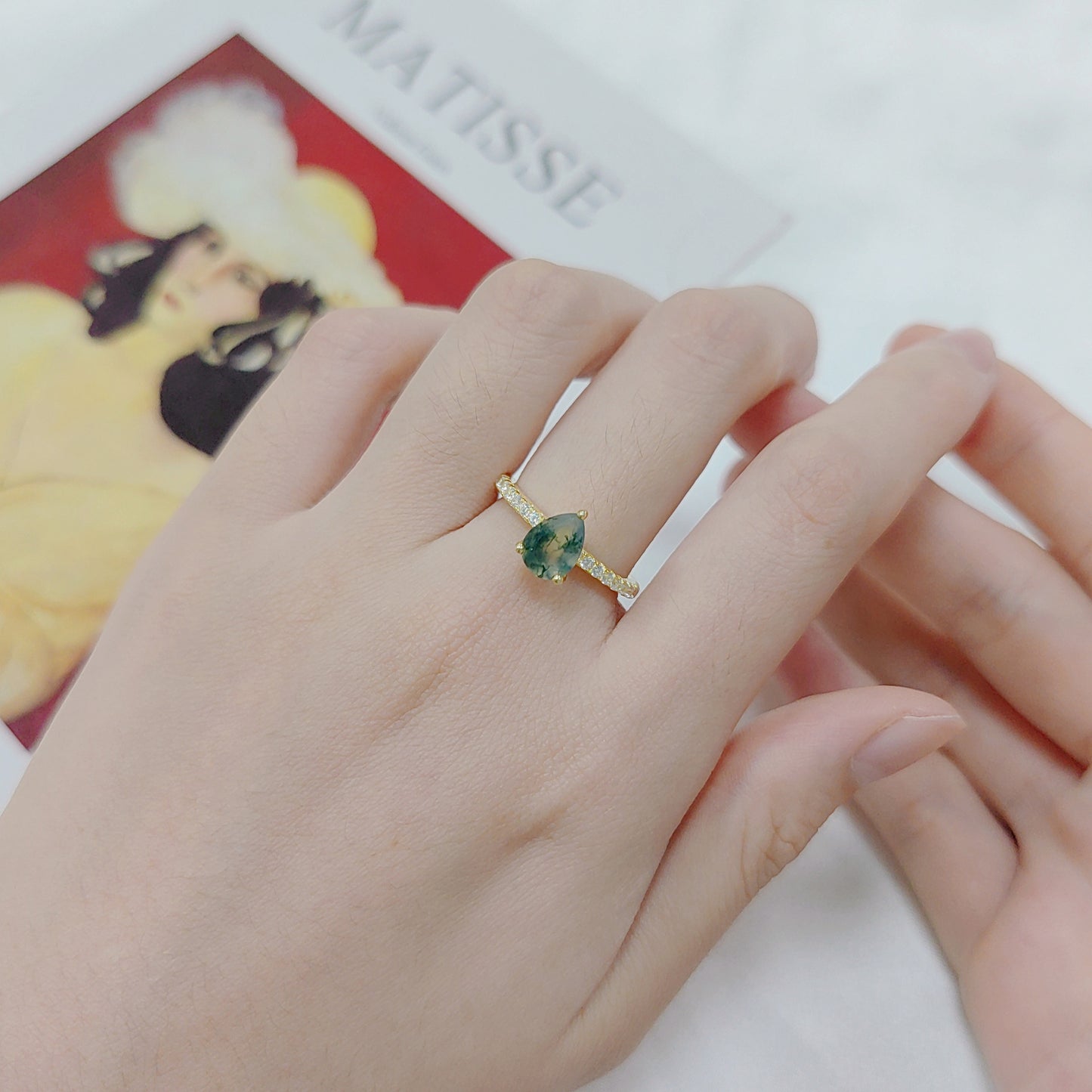 Unique Pear Cut Moss Agate Engagement Ring