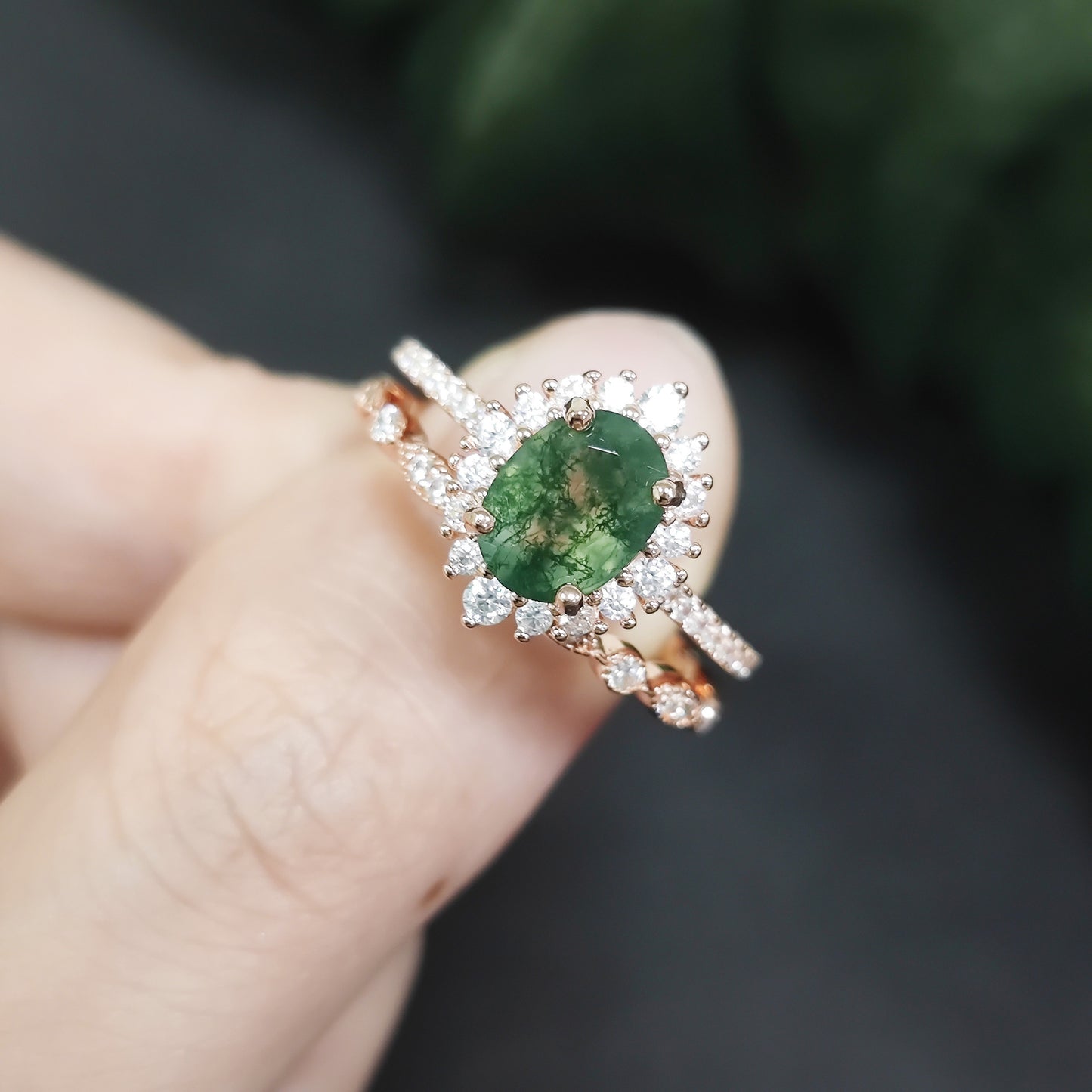 Halo Oval Moss Agate Vintage Engagement Ring Set 2pcs