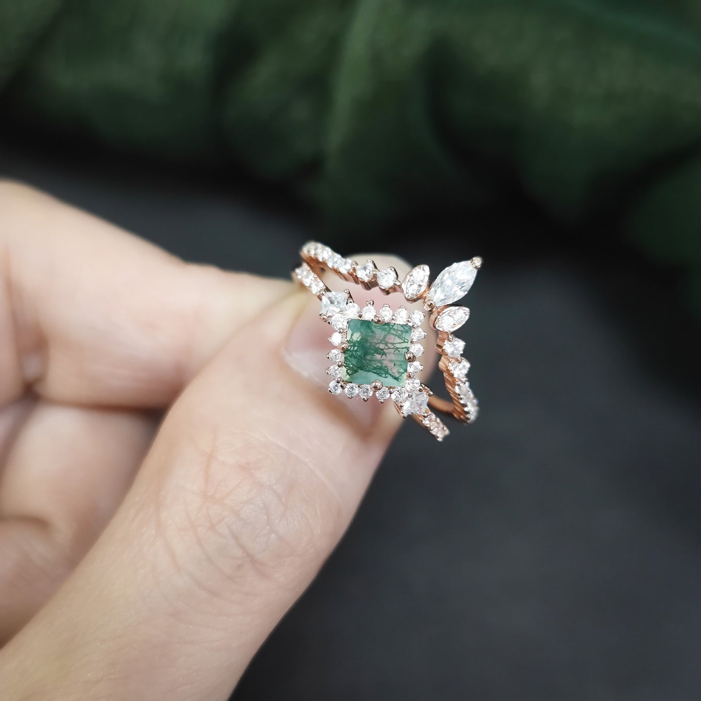 Princess Cut Vintage Moss Agate Halo Engagement Ring