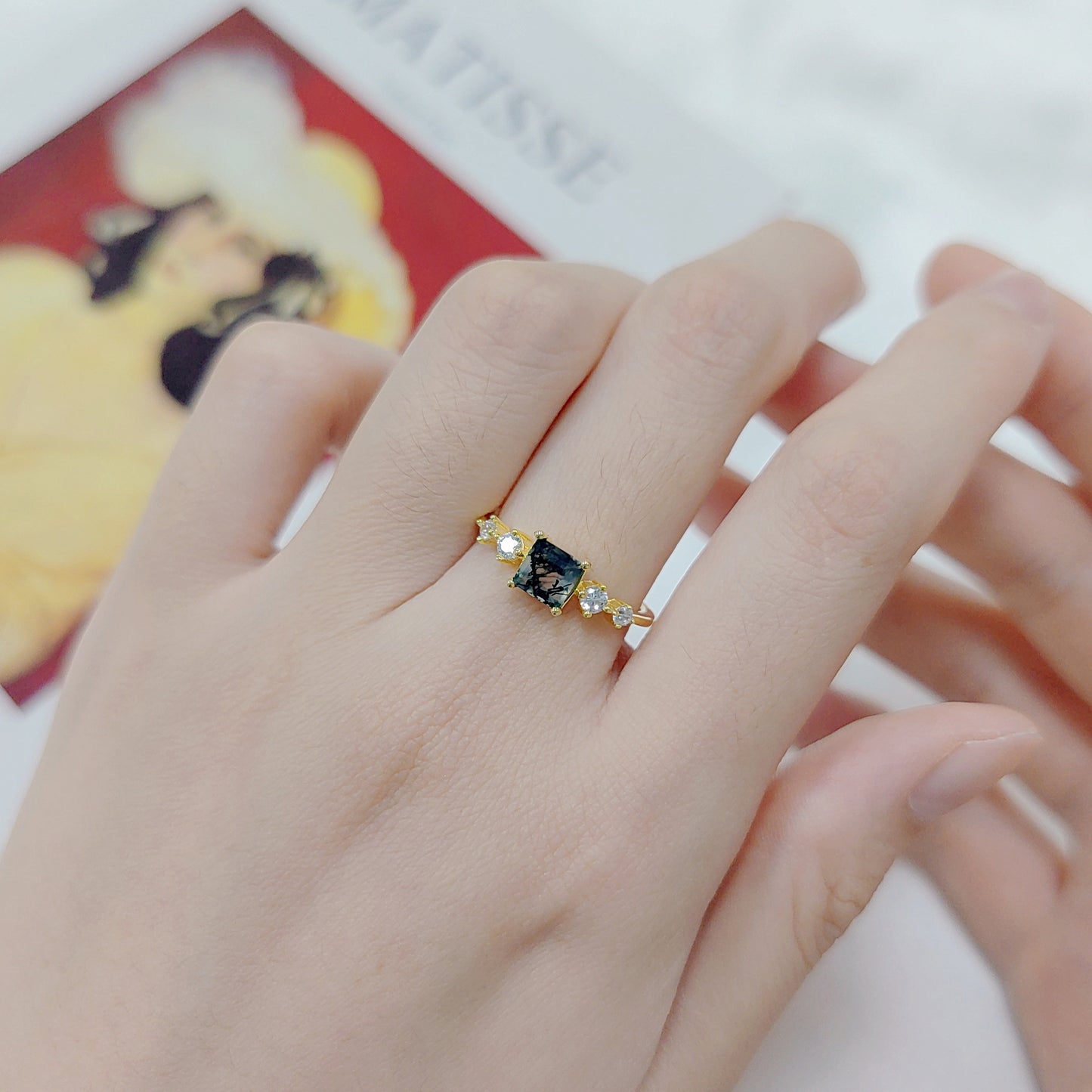 Princess Cut Moss Agate Gold Ring