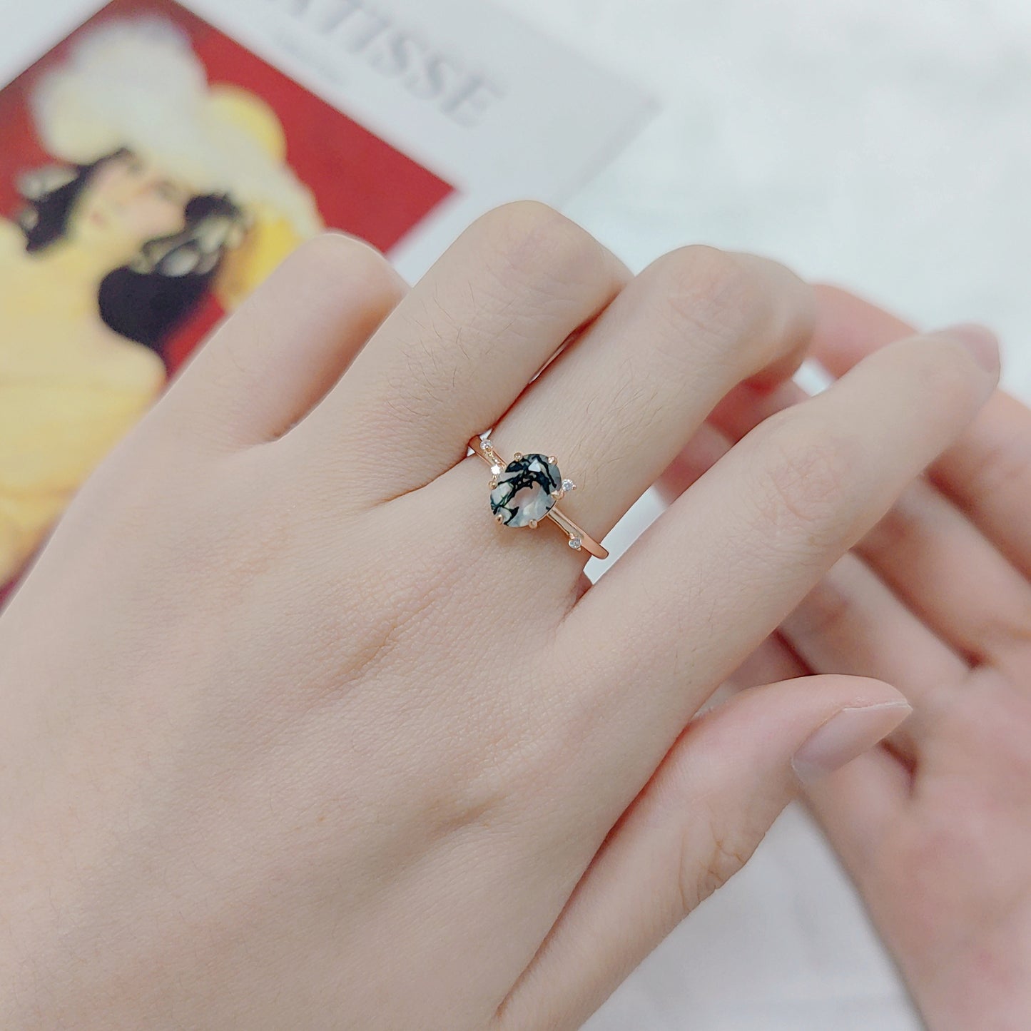 Oval Cut Simple Elegant Moss Agate Engagement Ring