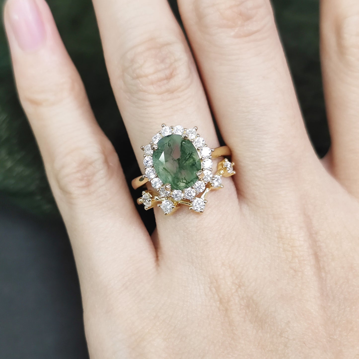 Halo Oval Cut Moss Agate Vintage Engagement Ring Set 2pcs
