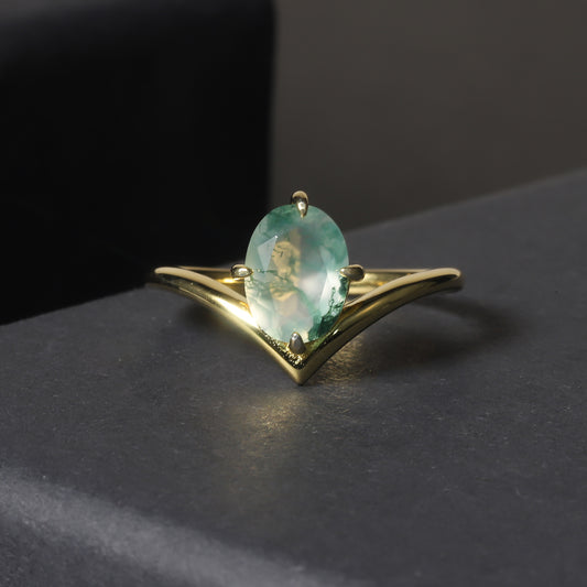 Unique Oval Moss Agate Stacking Engagement Ring