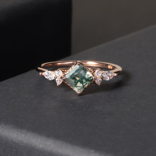 Princess Cut Vintage Moss Agate Cluster Engagement Ring