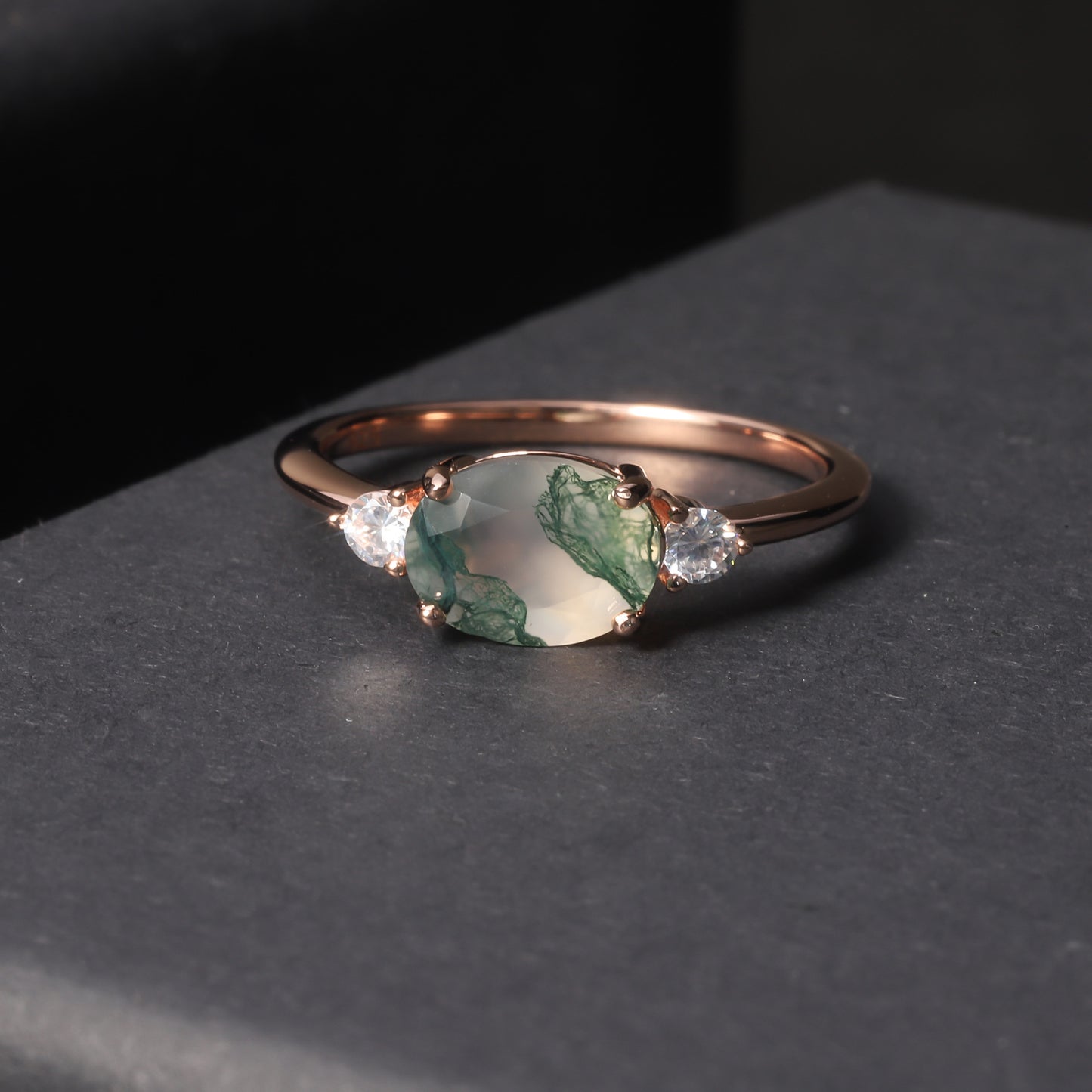 Oval Moss Agate Three Stones Engagement Ring