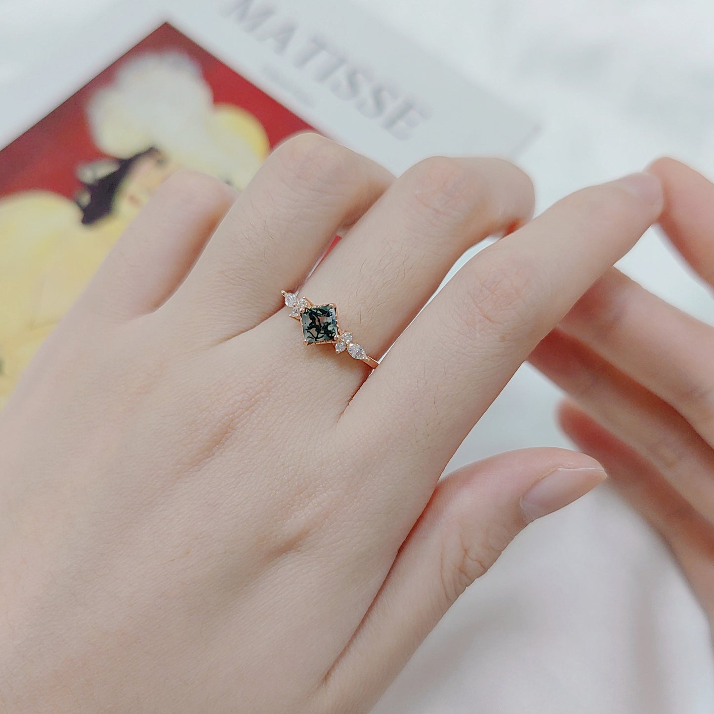 Princess Cut Vintage Moss Agate Cluster Engagement Ring