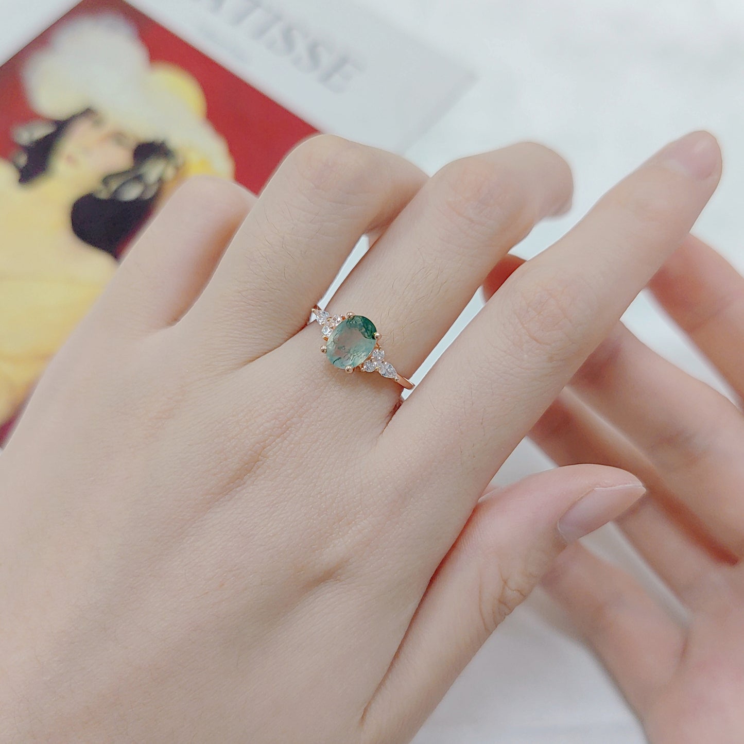 Oval Cut Vintage Cluster Moss Agate Engagement Ring