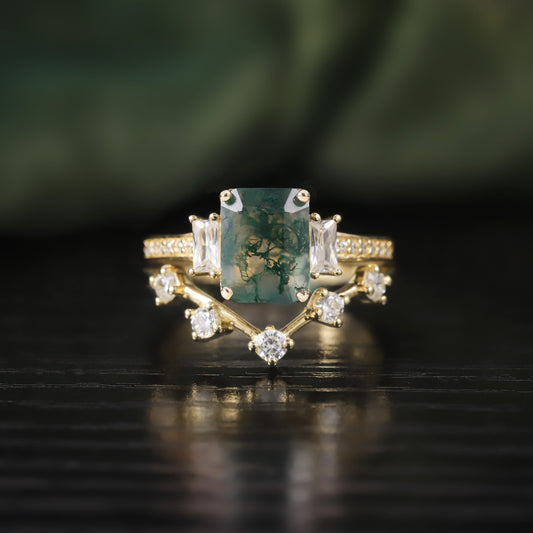 Emerald Cut Moss Agate Three-Stone Vintage Inspire Gold Ring Set 2pcs