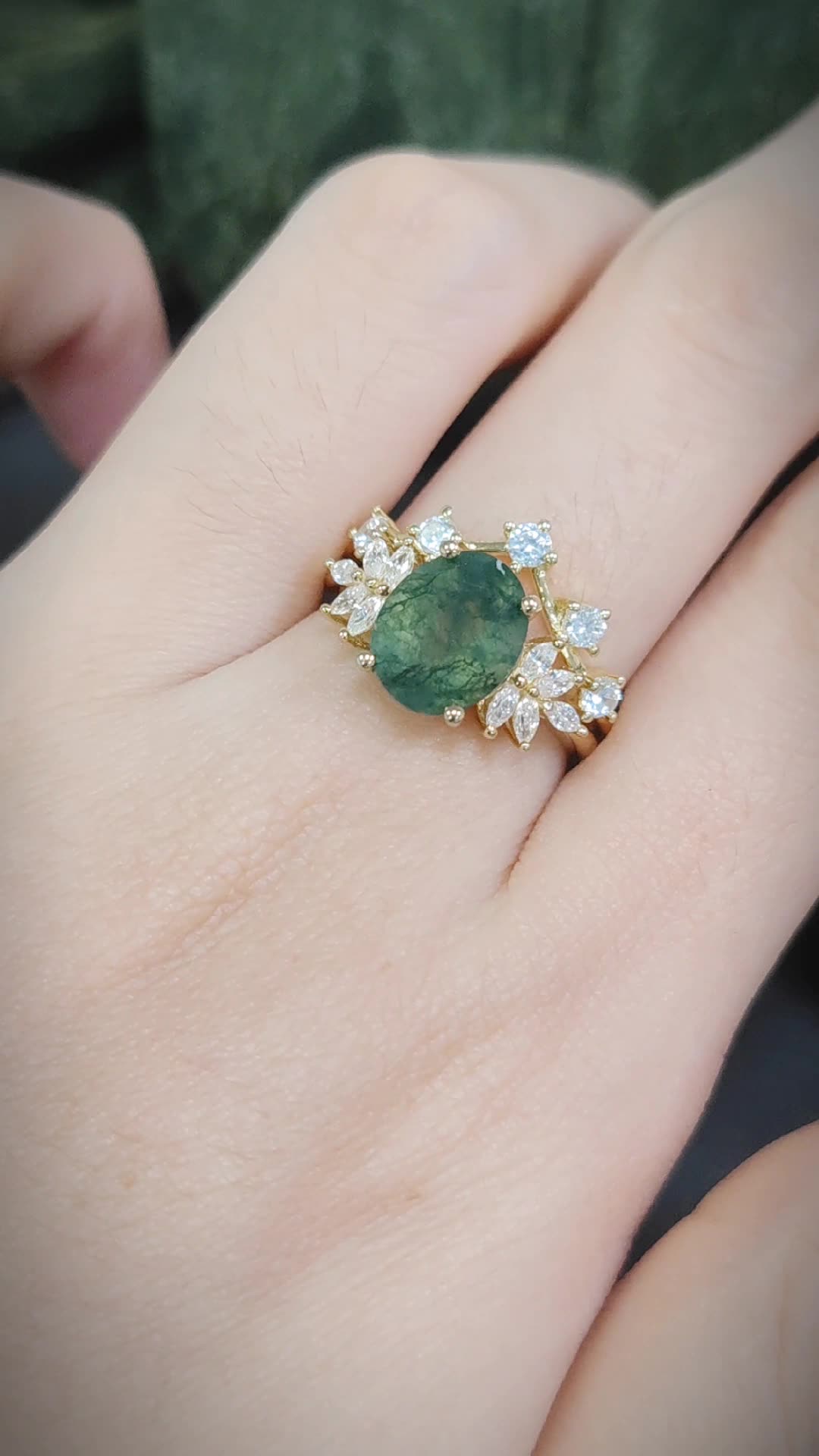 Oval Cluster Moss Agate Engagement Ring Set 2pcs