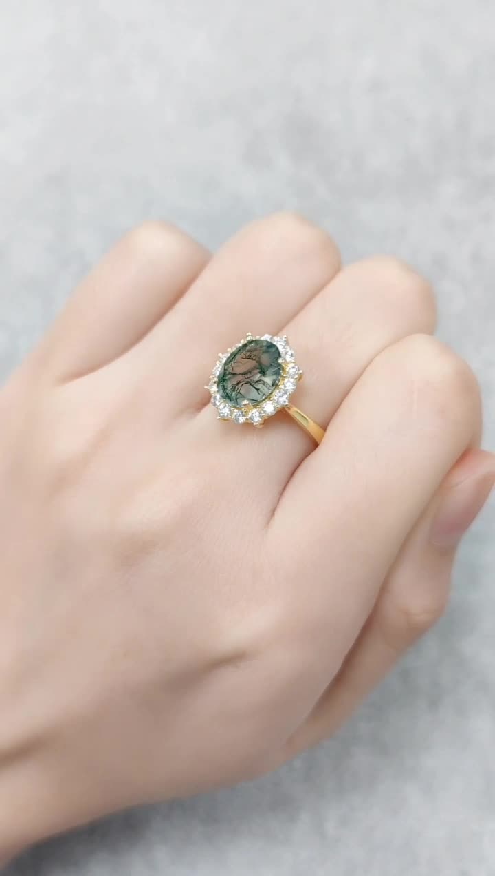 Halo Oval Moss Agate Vintage Engagement Ring