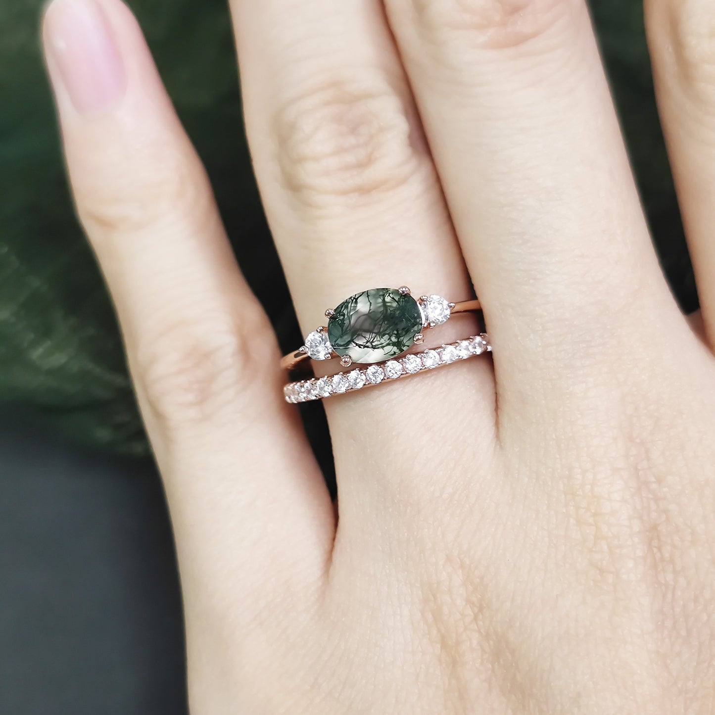 Oval Moss Agate Three Stones Engagement Ring Set 2pcs