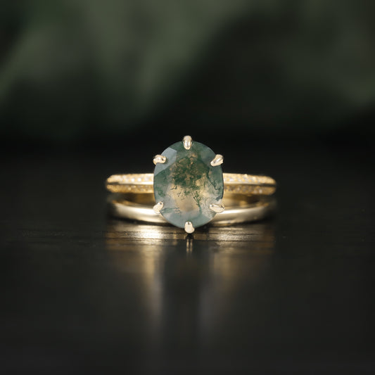 Oval Moss Agate Solitaire Engagement Ring Set 2pcs