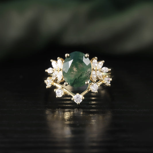 Oval Cluster Moss Agate Engagement Ring Set 2pcs