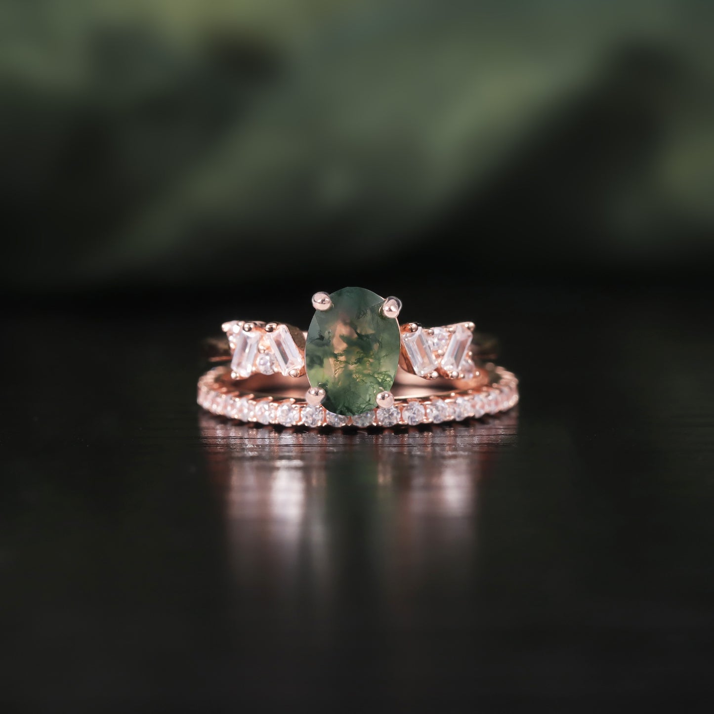 Oval Style Unique Design Moss Agate Engagement Ring
