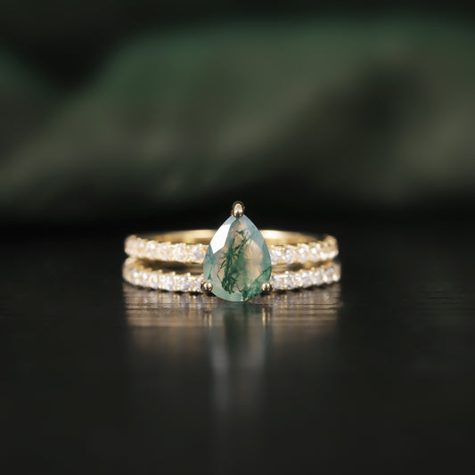 Pear Shaped Moss Agate Engagement Classic Solitaire Ring Set 2pcs