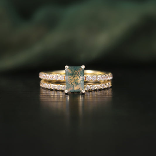 Emerald Cut Moss Agate Classic Engagement Ring Set 2pcs