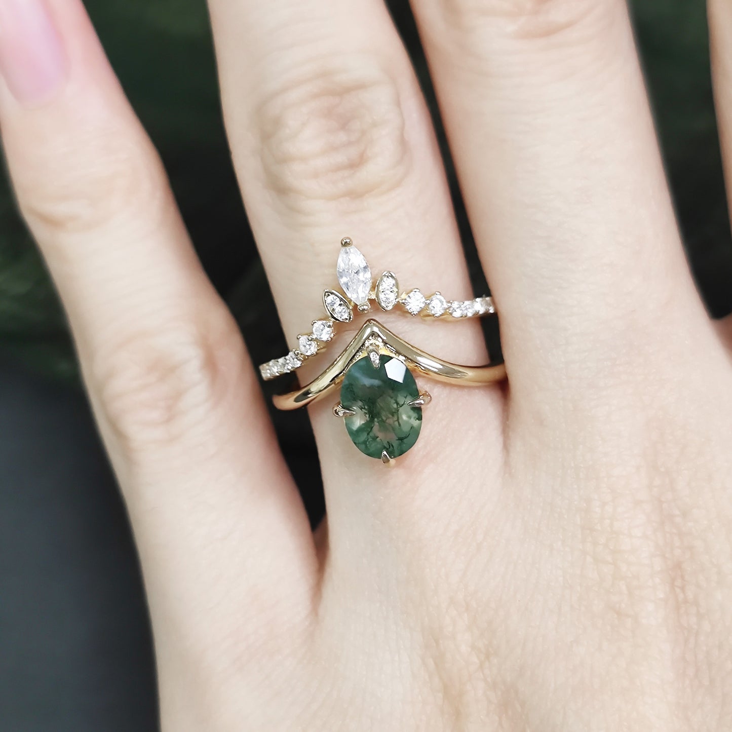 Unique Oval Moss Agate Stacking Engagement Ring Set 2pcs