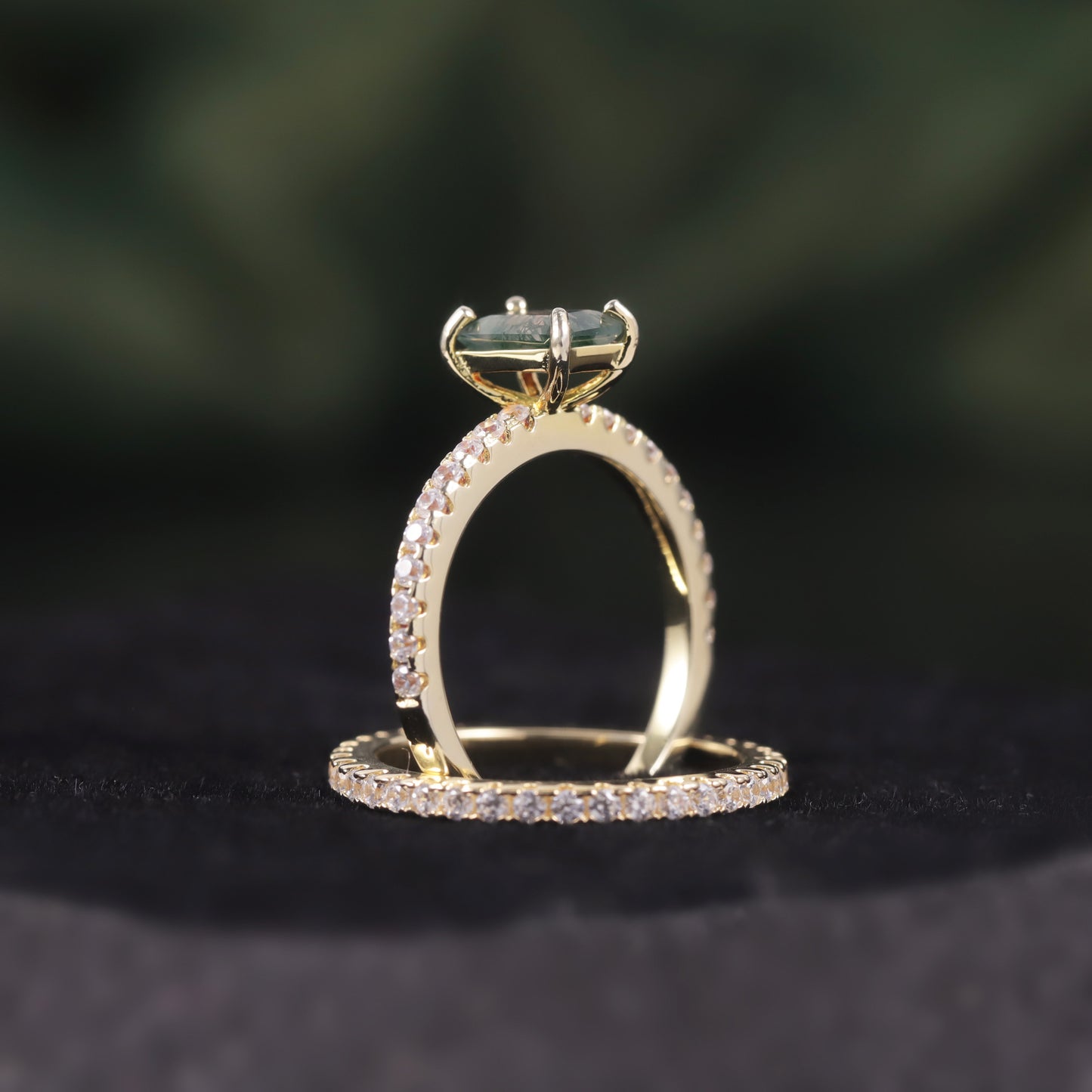 Emerald Cut Moss Agate Classic Engagement Ring Set 2pcs