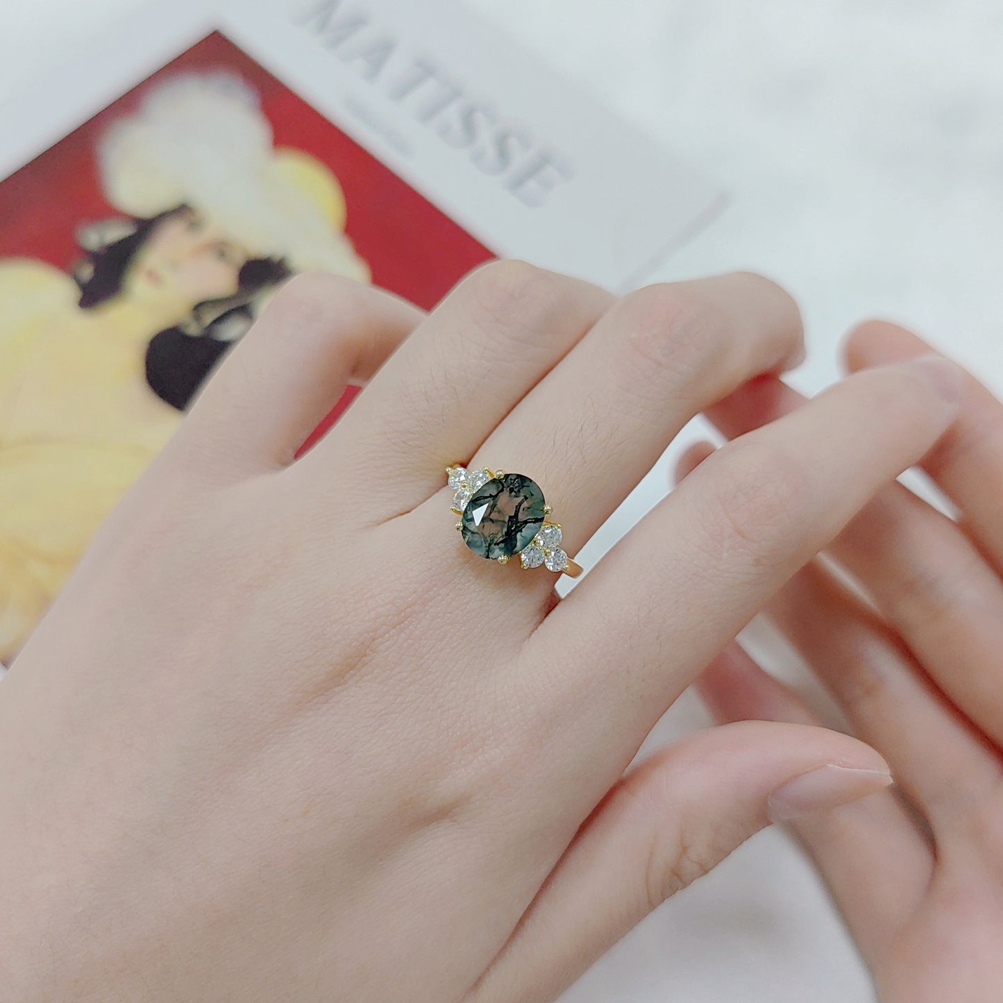 Oval Classic Moss Agate Cluster Engagement Ring