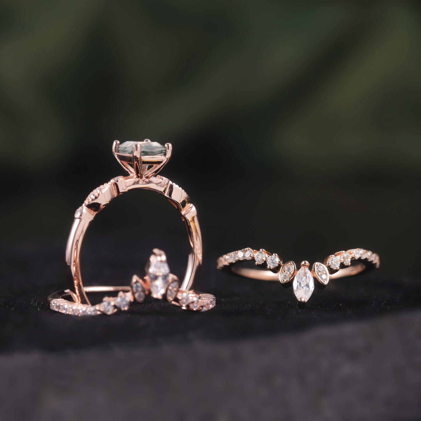 Princess Cut Moss Agate Engagement Ring Set 3 pcs
