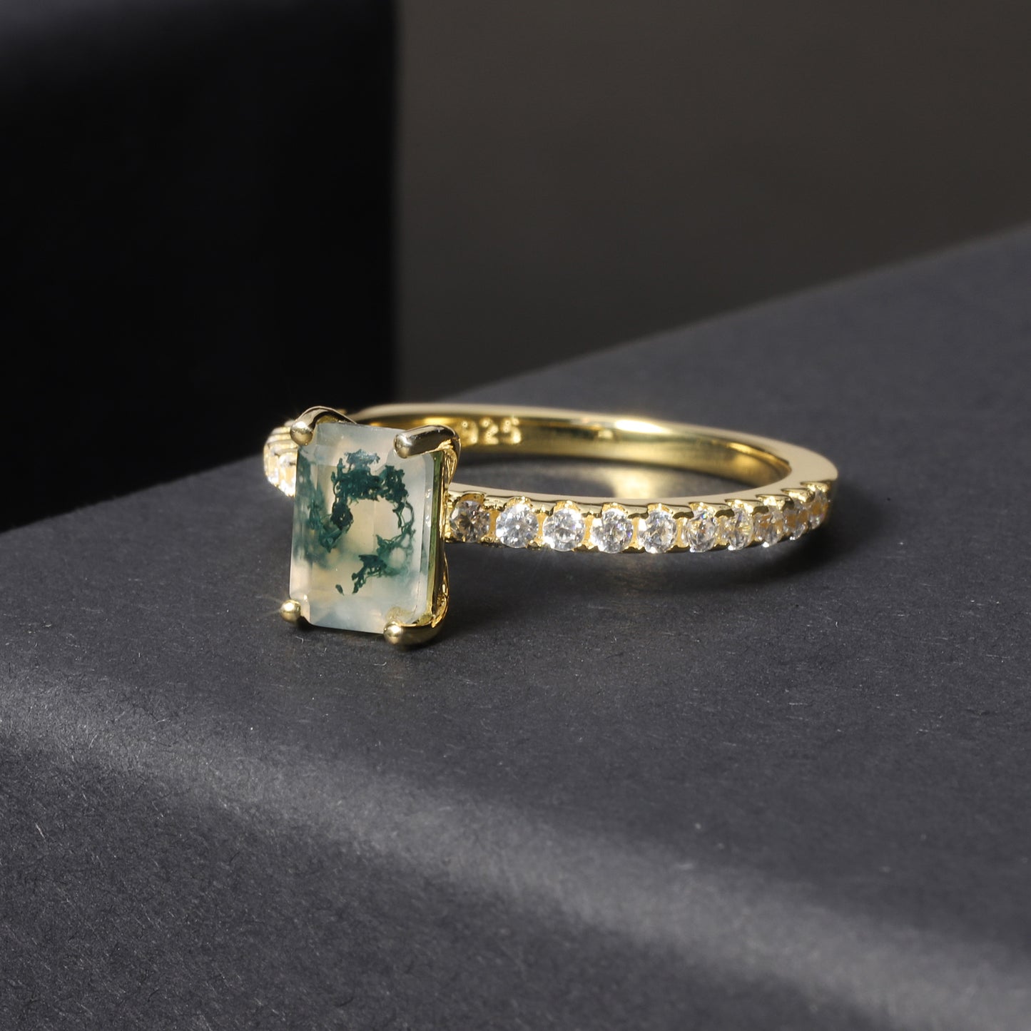 Emerald Cut Classic Moss Agate Engagement Ring