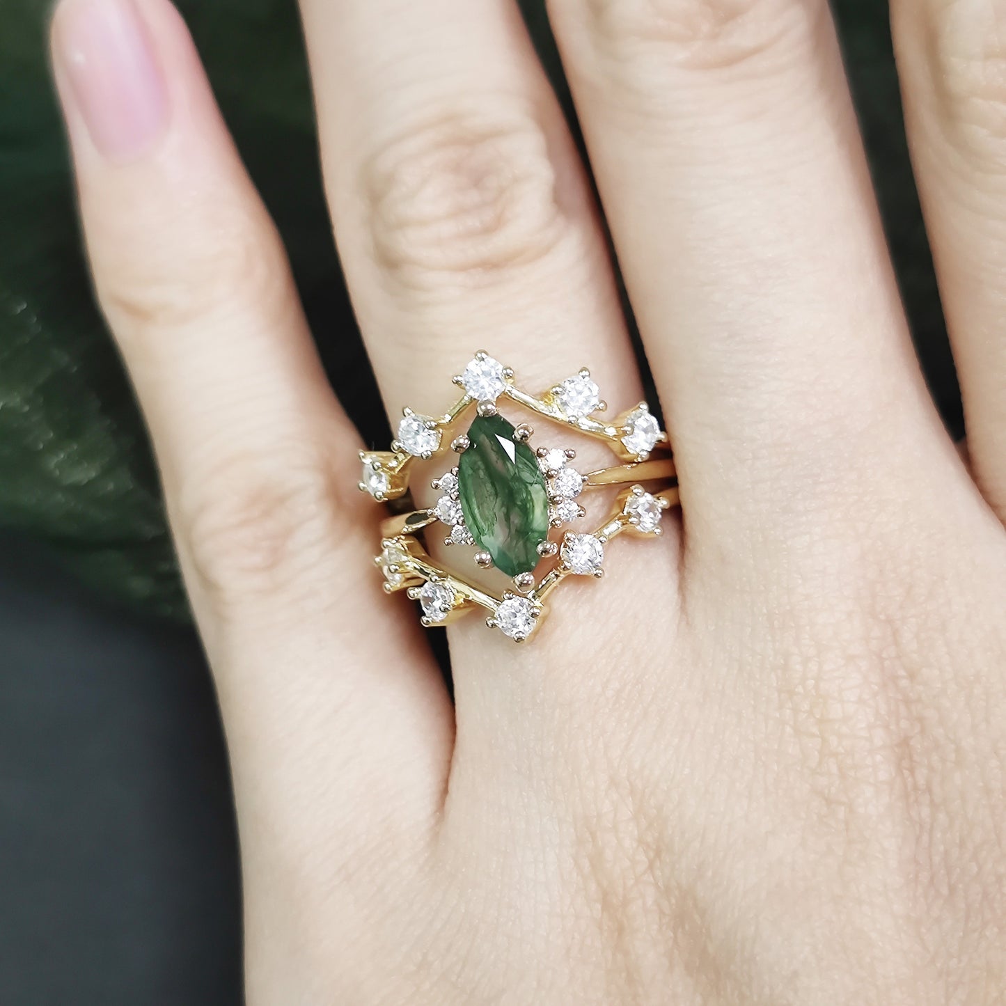 Marquise Cut Moss Agate Engagement Ring Set 3pcs