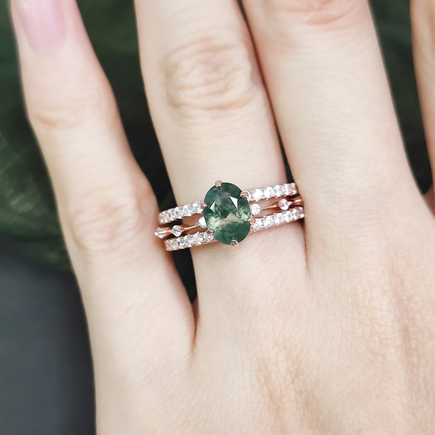 Oval Moss Agate Classic Engagement Ring Set 3pcs