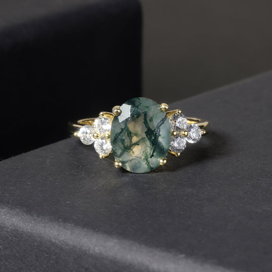 Oval Classic Moss Agate Cluster Engagement Ring