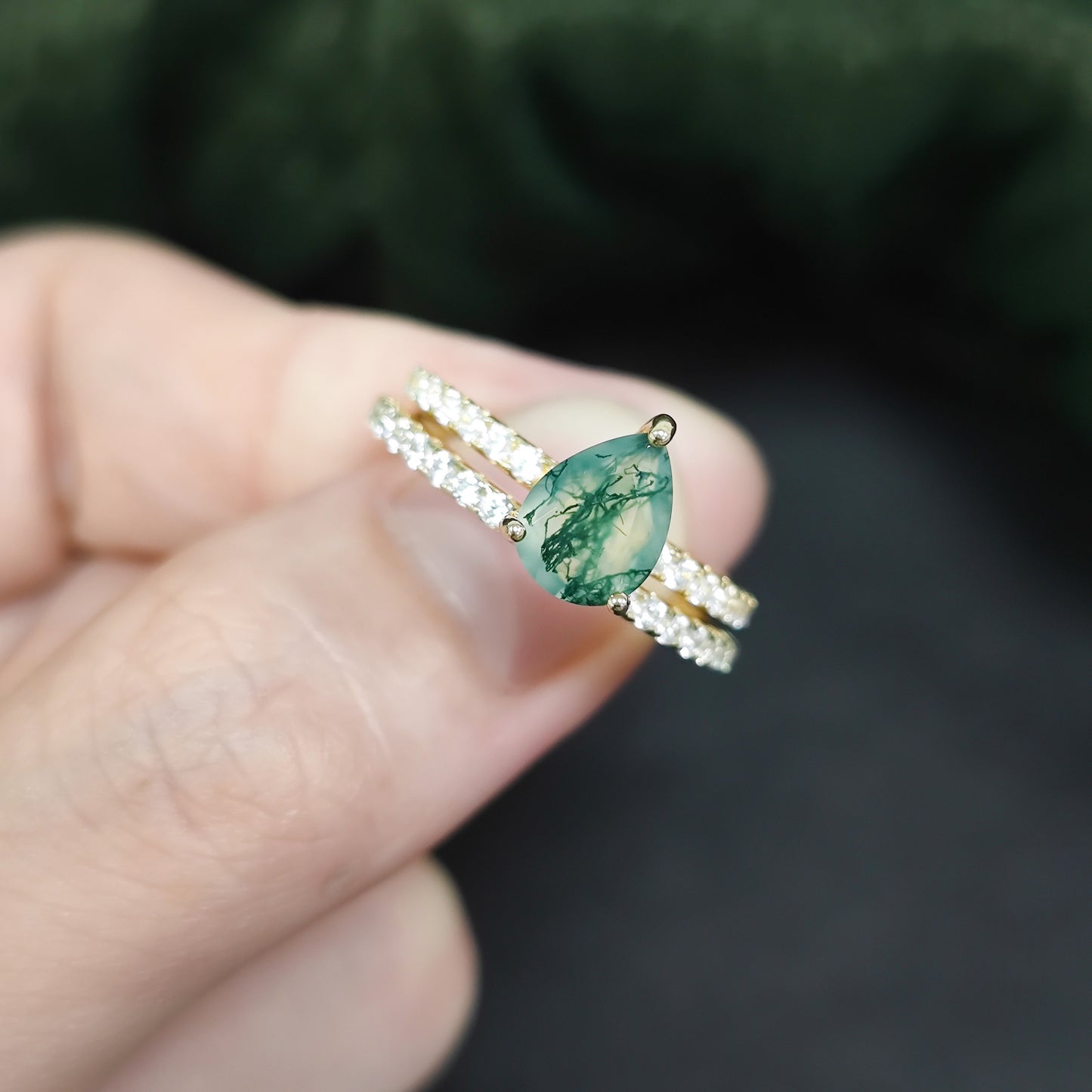 Pear Shaped Moss Agate Engagement Classic Solitaire Ring Set 2pcs
