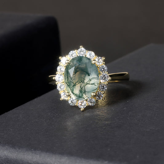 Halo Oval Moss Agate Vintage Engagement Ring