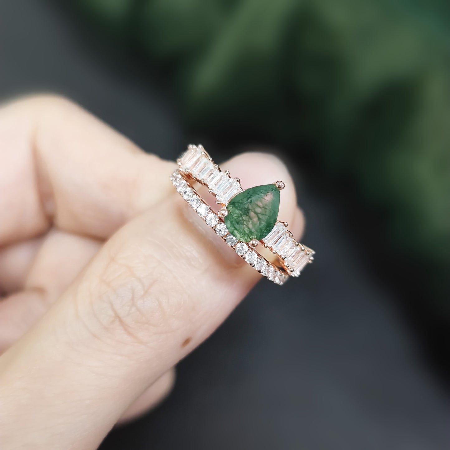 Pear Shaped Zircon Pave Moss Agate Classic Engagement Ring Set 2pcs