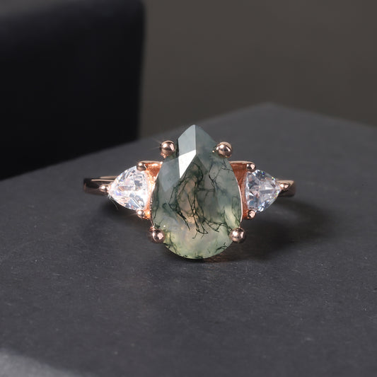 Pear Shaped Moss Agate Engagement Ring Three-Stone Style