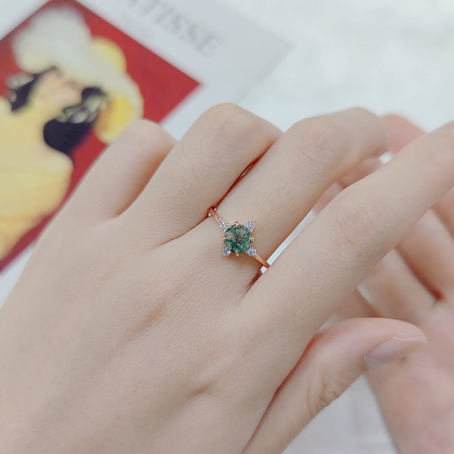 Round Moss Agate Engagement Ring