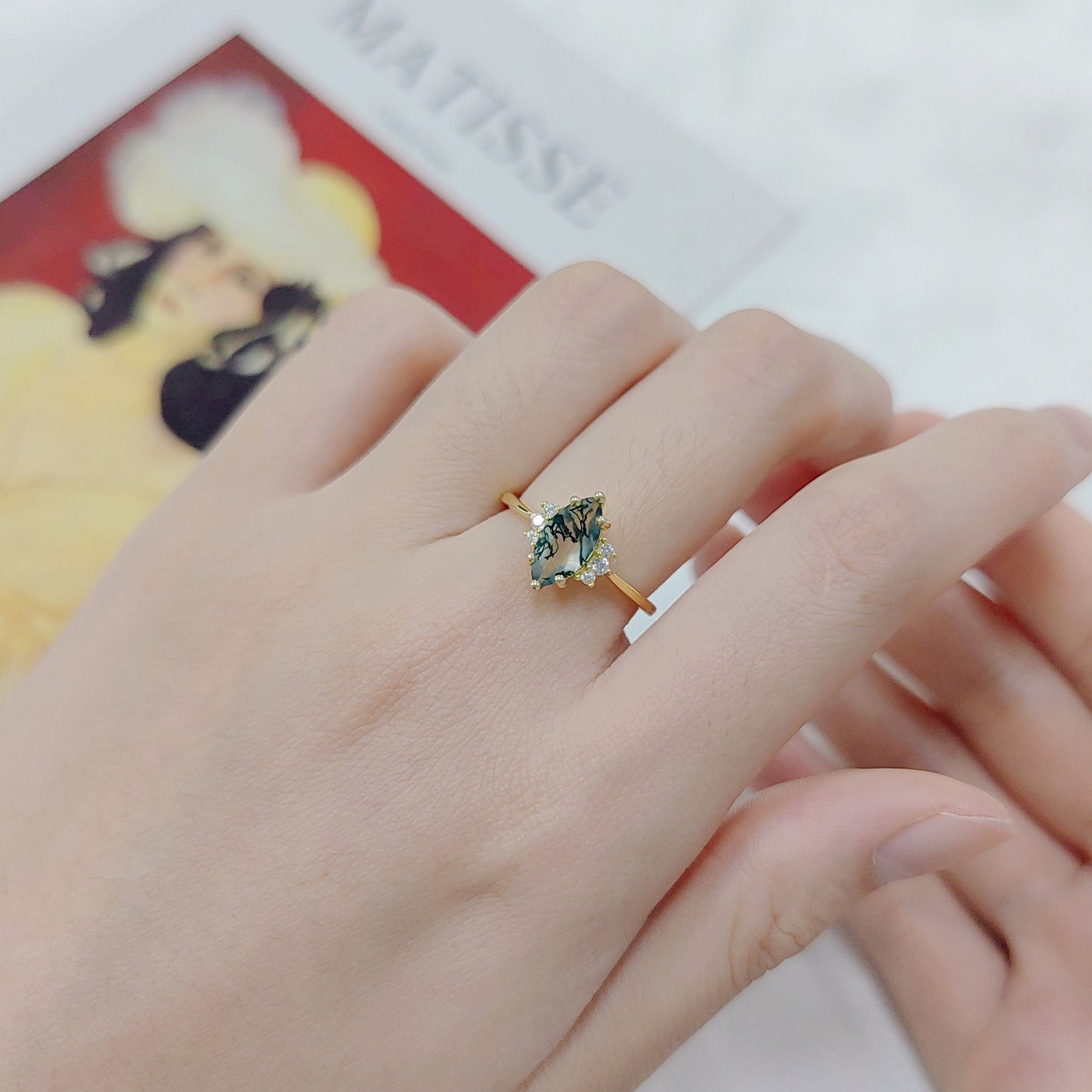 Marquise Cut Moss Agate Cluster Vintage Ring