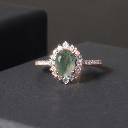 Oval Shaped Vintage Moss Agate Halo Engagement Ring