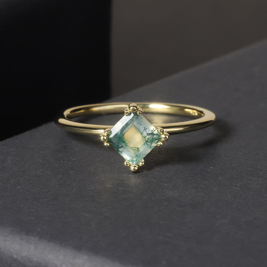 Princess Cut Moss Agate Unique Engagement Ring