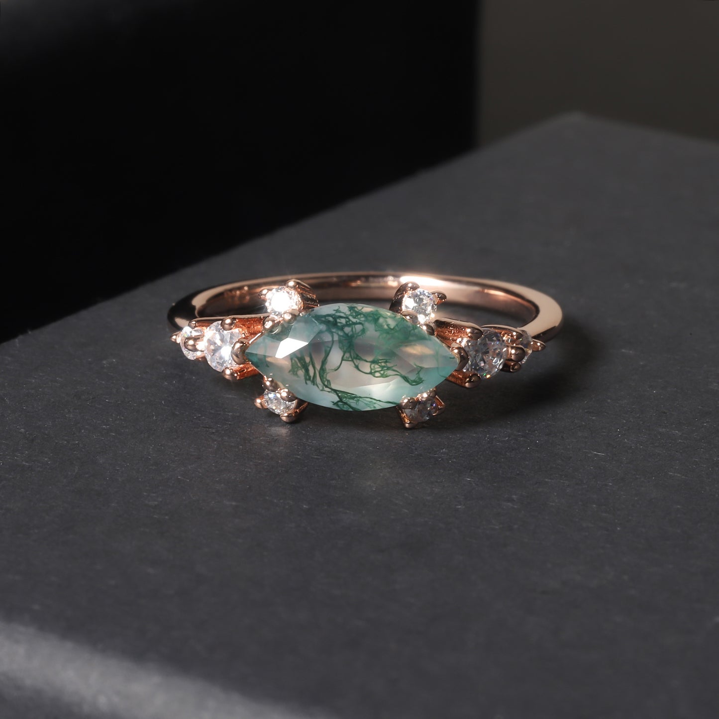 1.5ct Marquise Cut Moss Agate Cluster Vintage Ring
