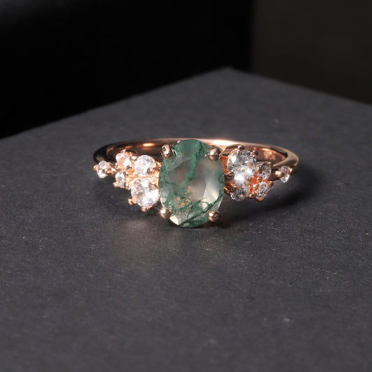 Oval Leafy Style Moss Agate Engagement Ring